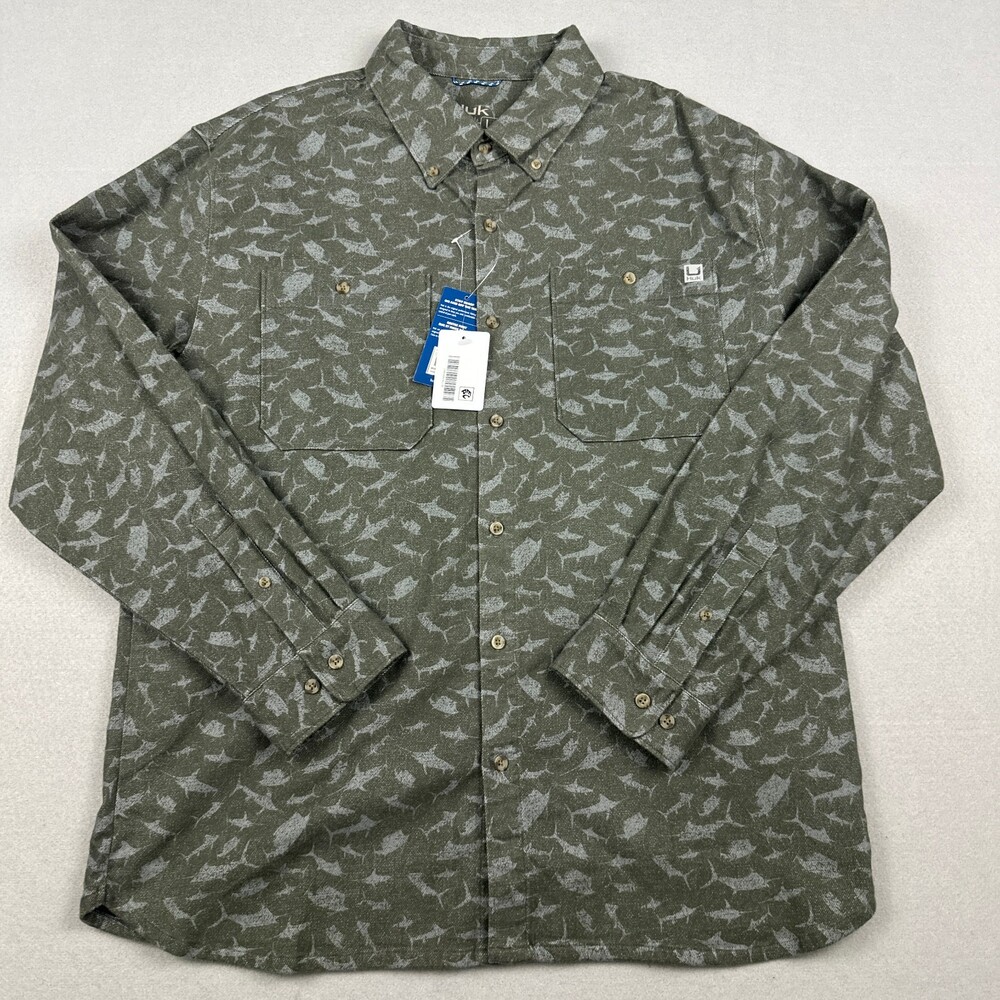 HUK Shirt Men Large Green Fish Print Chesapeake KC Flannel Long Sleeve Button Up